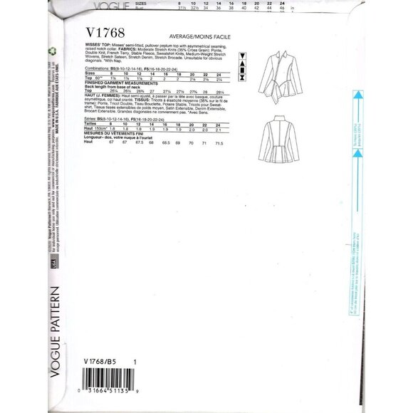 Vogue V1768 Misses 16 to 24 Marcy Tilton Asymmetrical Peplum Top UNCUT Pattern - Picture 2 of 2